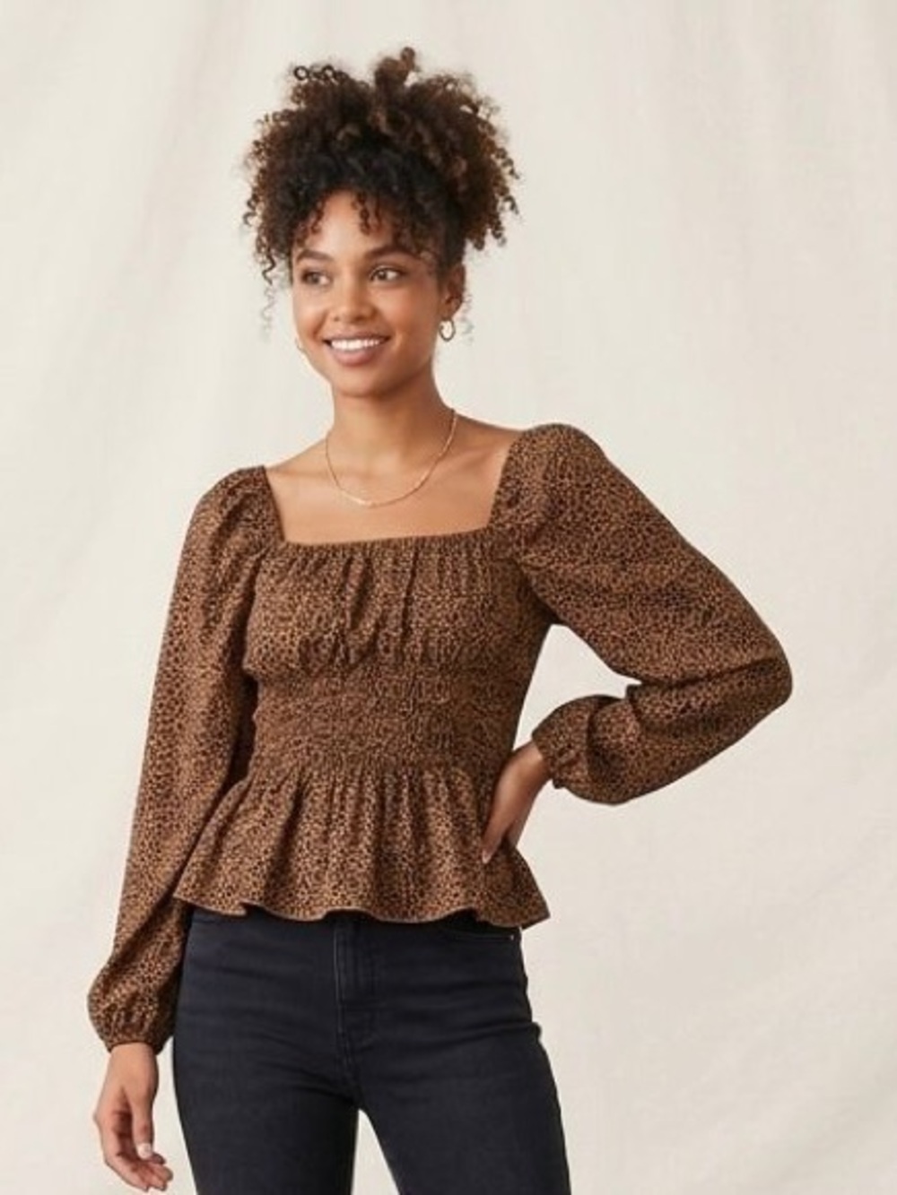 Brown Long-Sleeve Smocked Peplum Top